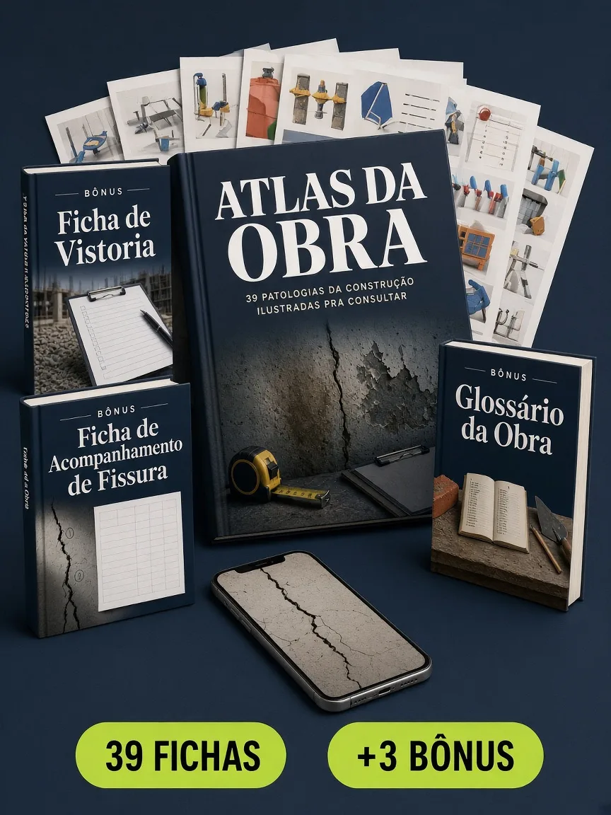 Montagem ilustrativa do Atlas da Obra: livro com a capa, fichas ilustradas, celular com uma ficha e os livros de bônus
